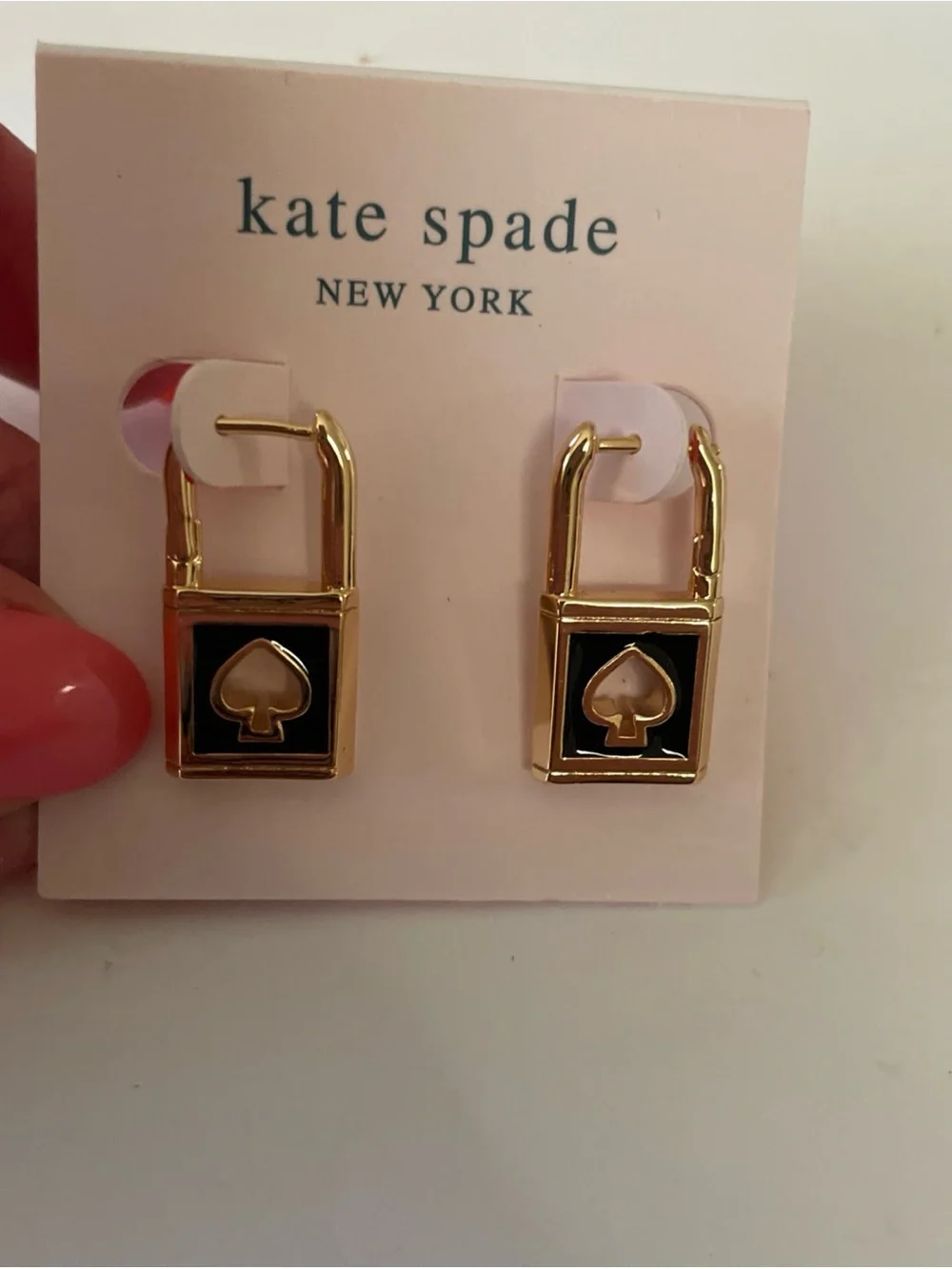 kate spade Gold Hoop Earrings with Black Enamel Spade Charm and Pink Accent